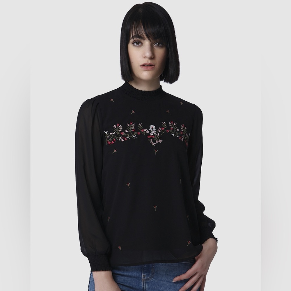 Embroidered Floral Chiffon Women’s Wide Long Sleeve Blouse from Urban Outfitters